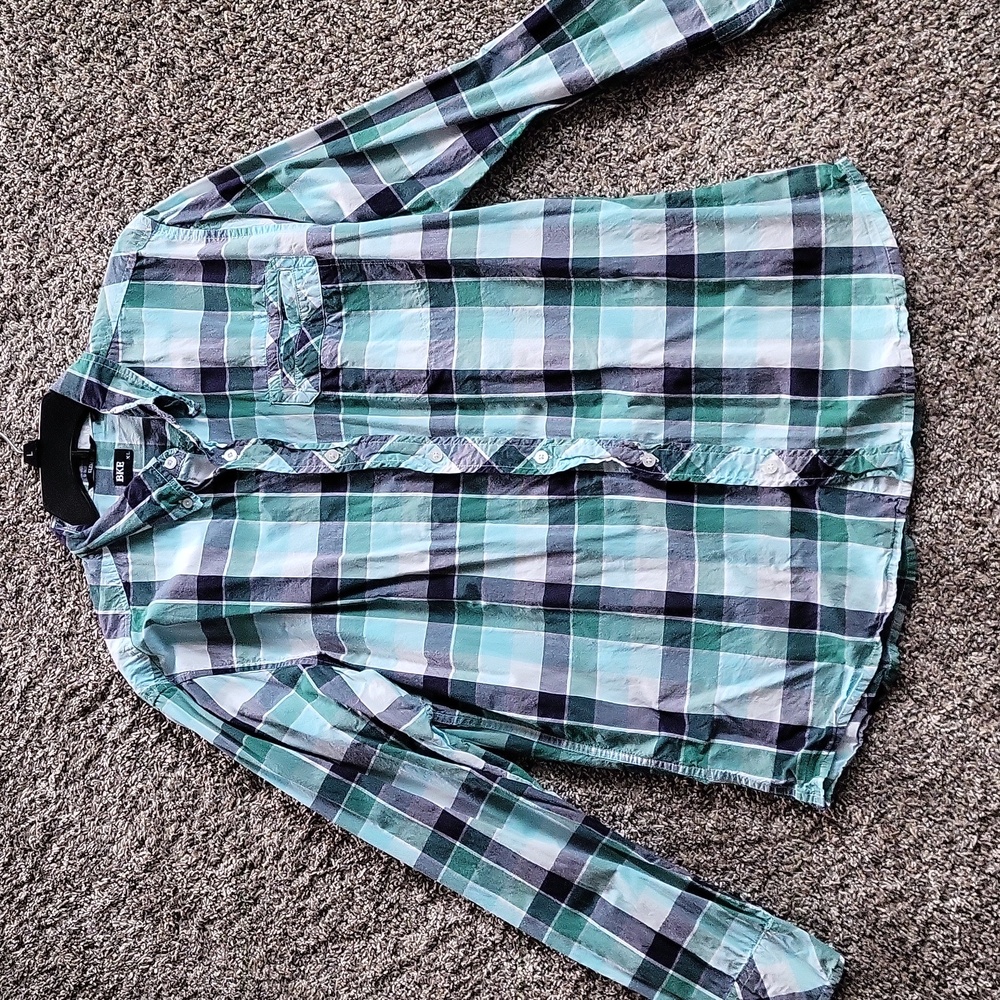 SALE--BKE Plaid Shirt - Blue, Green, and White